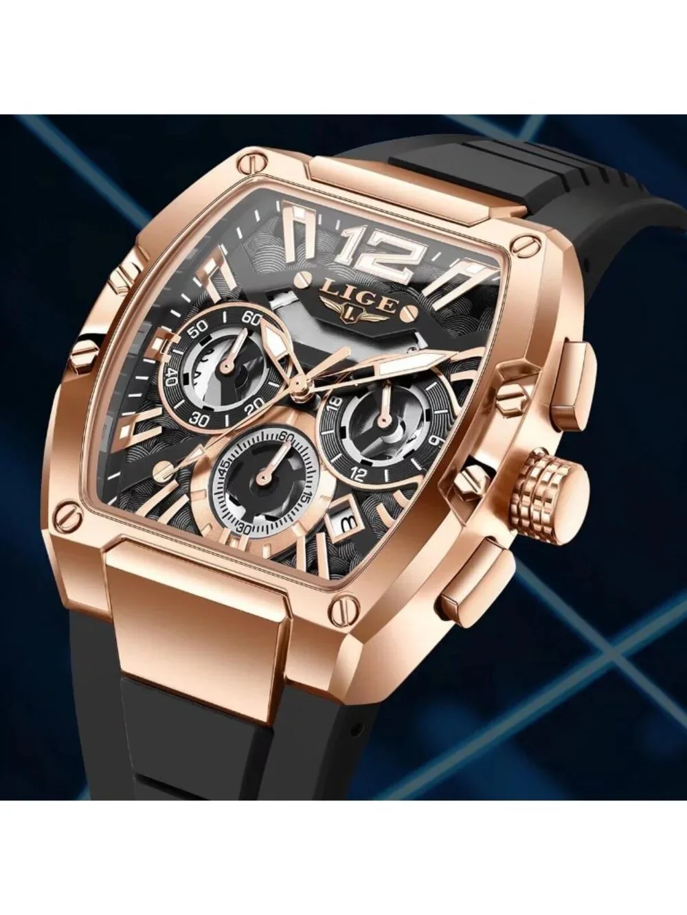 Men's Black and Bright Copper Square Chronograph Stainless Steel Quartz Watch